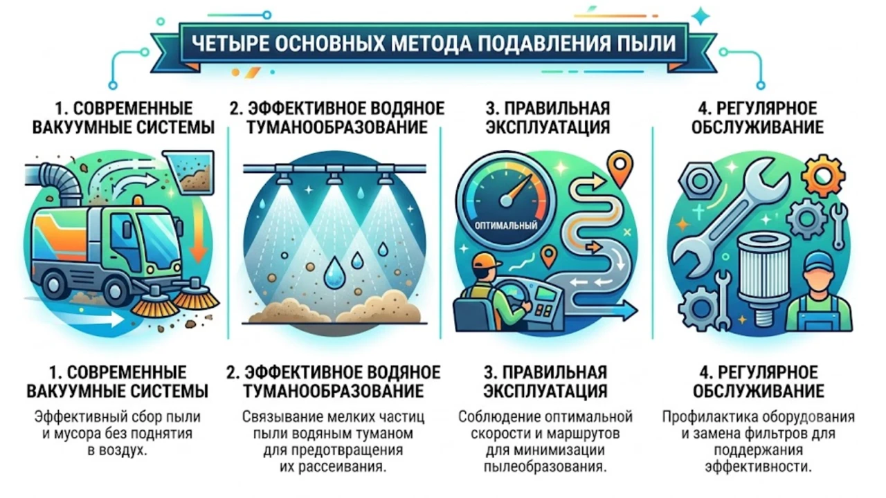 Инфографика: 4 ключевых метода снижения выбросов пыли от подметальных машин. 