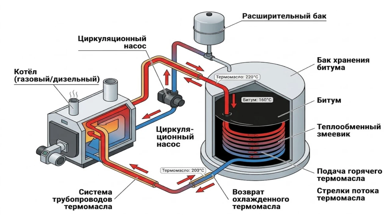 Архитектура системы косвенного нагрева битума через термальное масло. 
