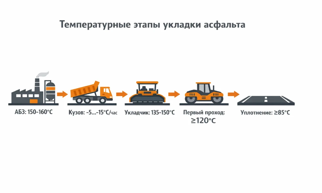 Инфографика температурный-режим на всех этапах укладки асфальта от завода до катка 
