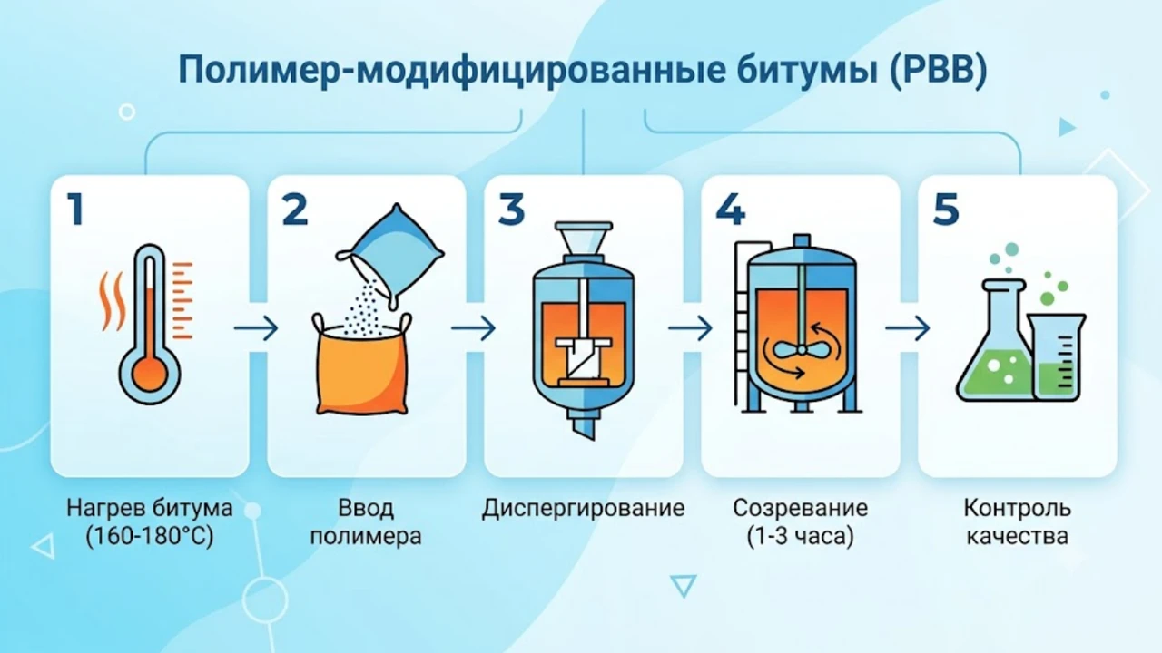 Инфографика: пошаговый технологический цикл производства ПБВ на АБЗ.
