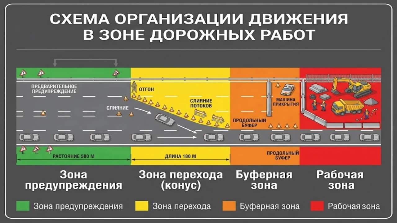 Схема зон ограждения места производства дорожных работ согласно ГОСТ.