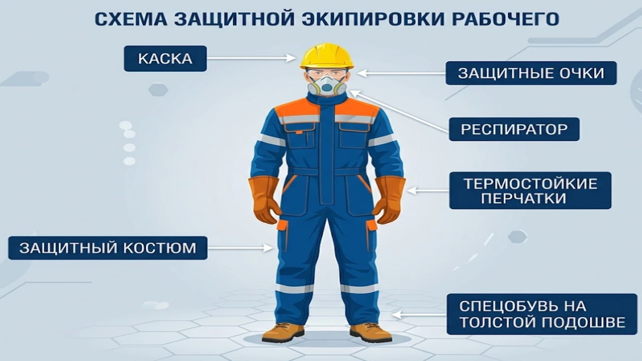 Схема обязательных средств индивидуальной защиты при работе с горячим литым асфальтом. 