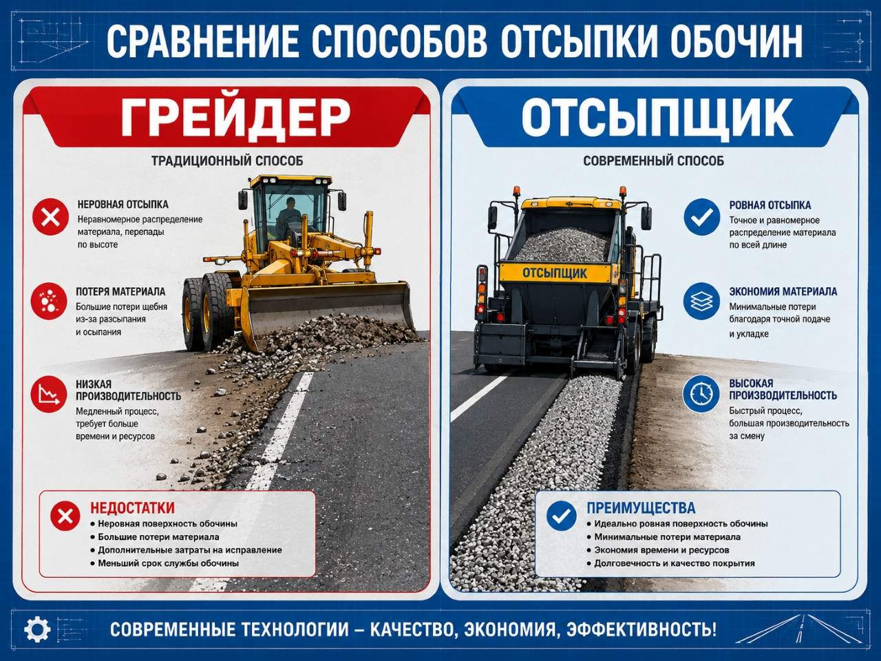 Инфографика сравнения расхода материала при работе грейдера и отсыпщика