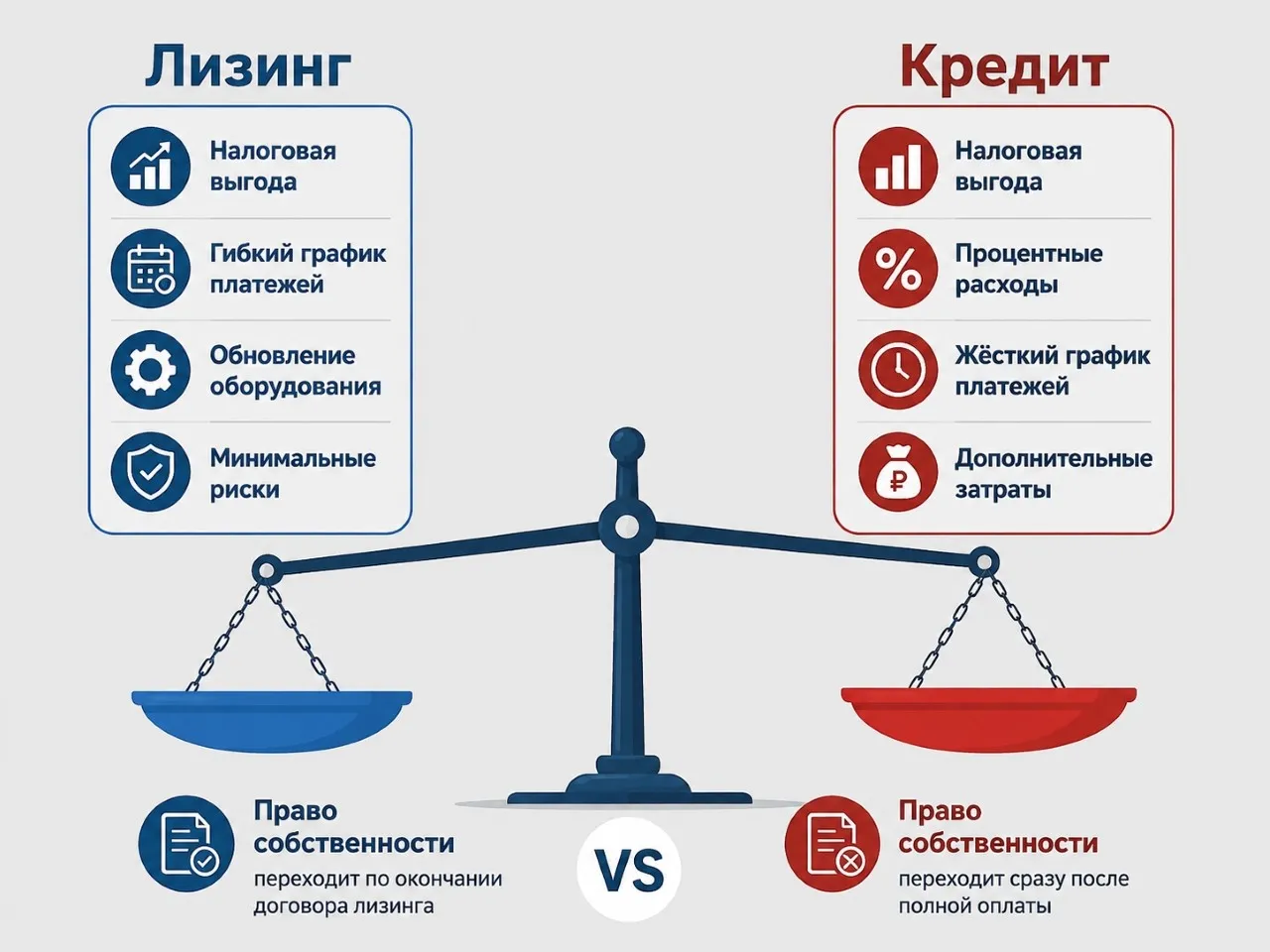 Инфографика сравнения финансового лизинга и банковского кредита для бизнеса