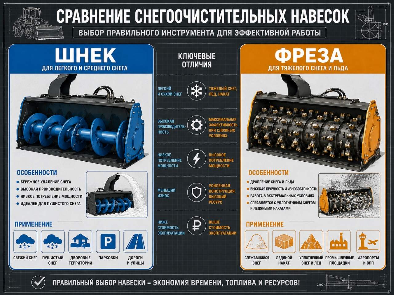 Инфографика сравнения гладкого шнека и фрезы с ледорубами для снегоочистителя