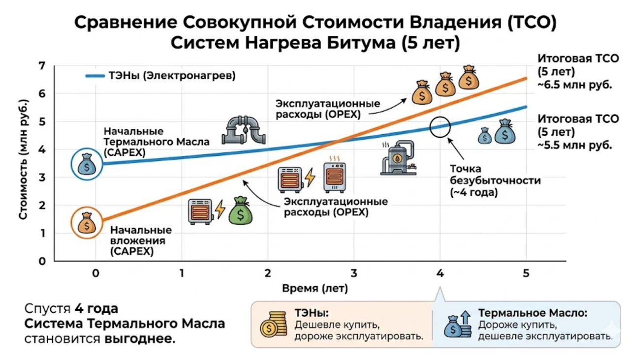 График сравнения совокупной стоимости владения ТЭНами и термальным маслом. 
