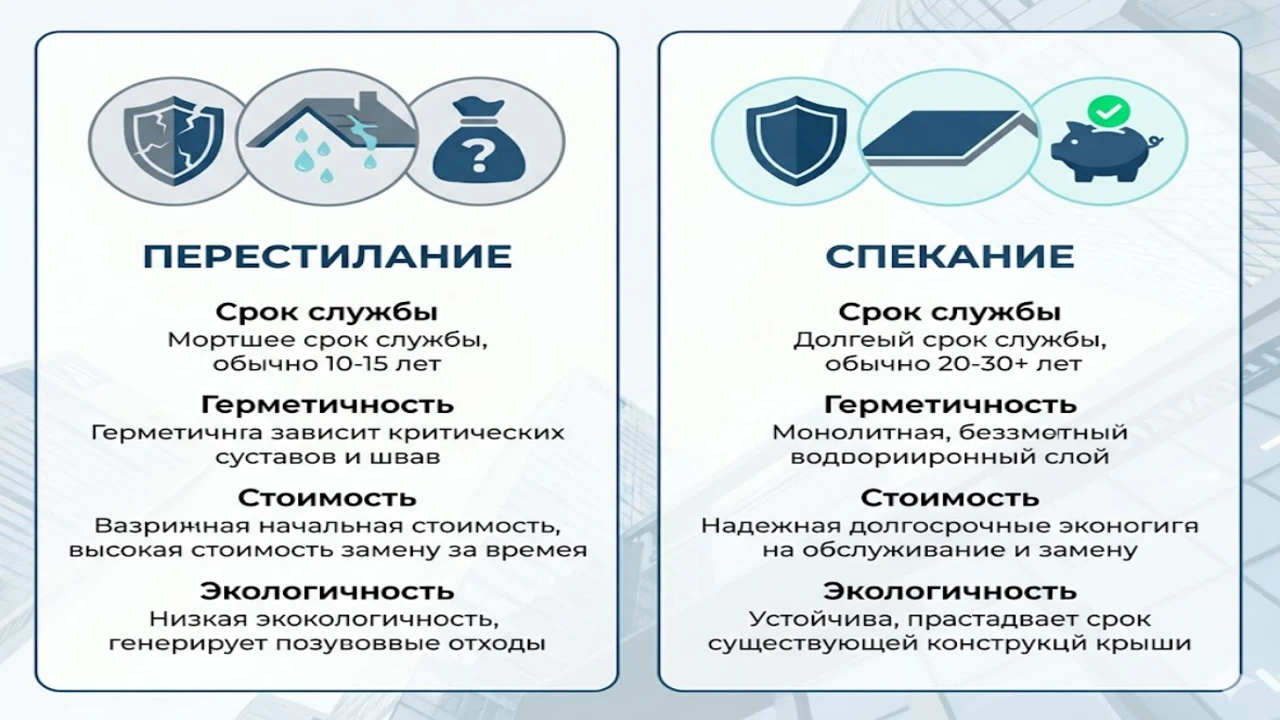 Инфографика сравнения методов спекания и перестилания кровли