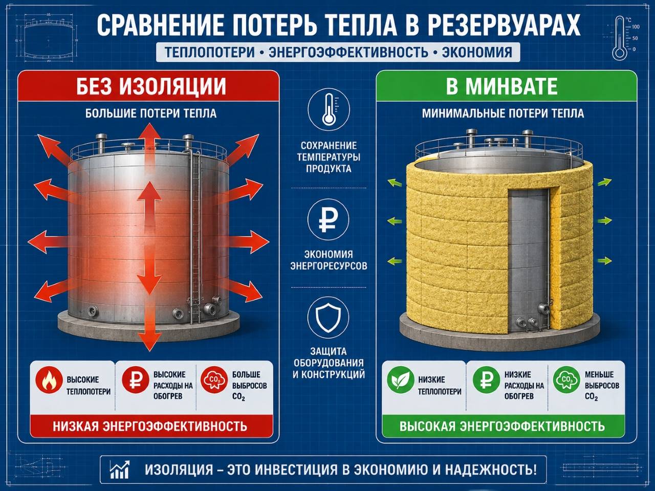Инфографика теплопотерь битумного резервуара с изоляцией и без нее