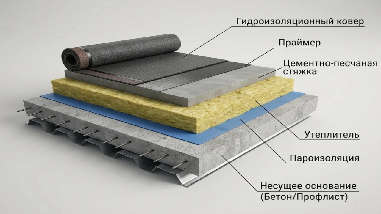 Схема устройства кровельного пирога плоской кровли 
