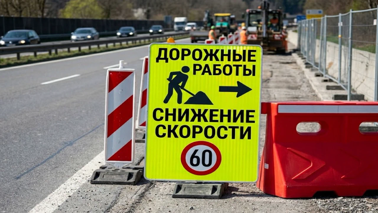 Временные дорожные знаки на желтом фоне и направляющие конусы.