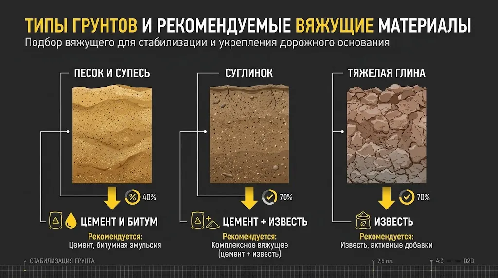 Инфографика: подбор вяжущего материала для разных типов грунта