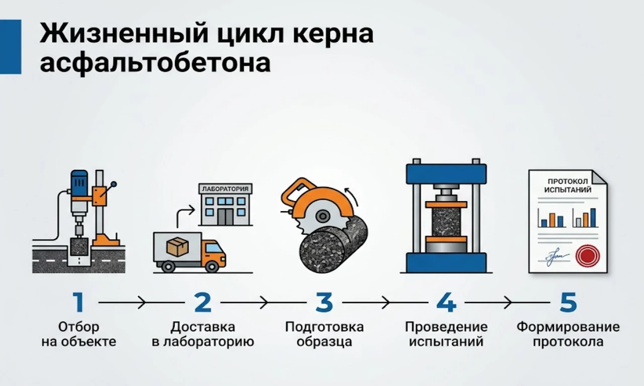 Схема процесса лабораторного анализа отобранного керна асфальтобетона. 